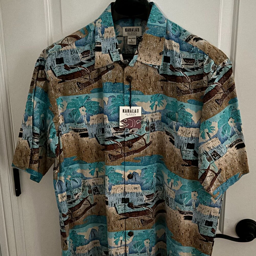 Kahala Avi Kiriaty L Outrigger Canoe Teal Multicolor Aloha Shirt NWT